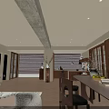 Modern Dining and Living Room Interior With Wooden Furniture Sofa TV Windows And Area Rug