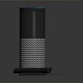 Black Cylindrical Smart Speaker Featuring Mesh Design Blue Top Ring And Remote Control