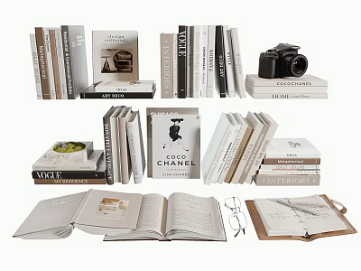 Stylish Books and Magazines Collection With Open Book Glasses Vintage Camera and Assorted Sizes 3d model