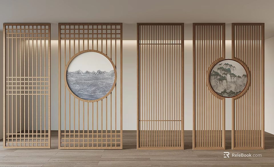 Modern Wooden Room Dividers With Lattice Design And Circular Decorative Paintings 3d model 