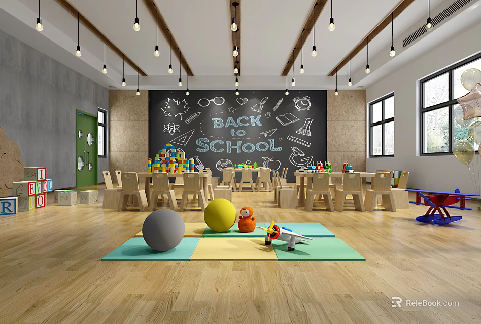 Bright Kindergarten Classroom With Back to School Blackboard Toys Tables And Colorful Carpets 3d model 