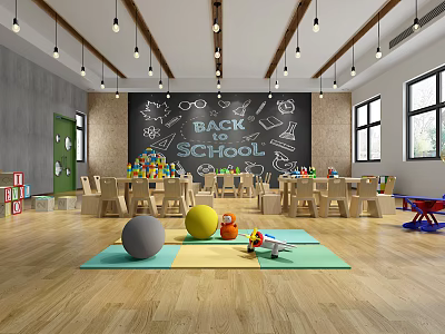 Bright Kindergarten Classroom With Back to School Blackboard Toys Tables And Colorful Carpets 3d model