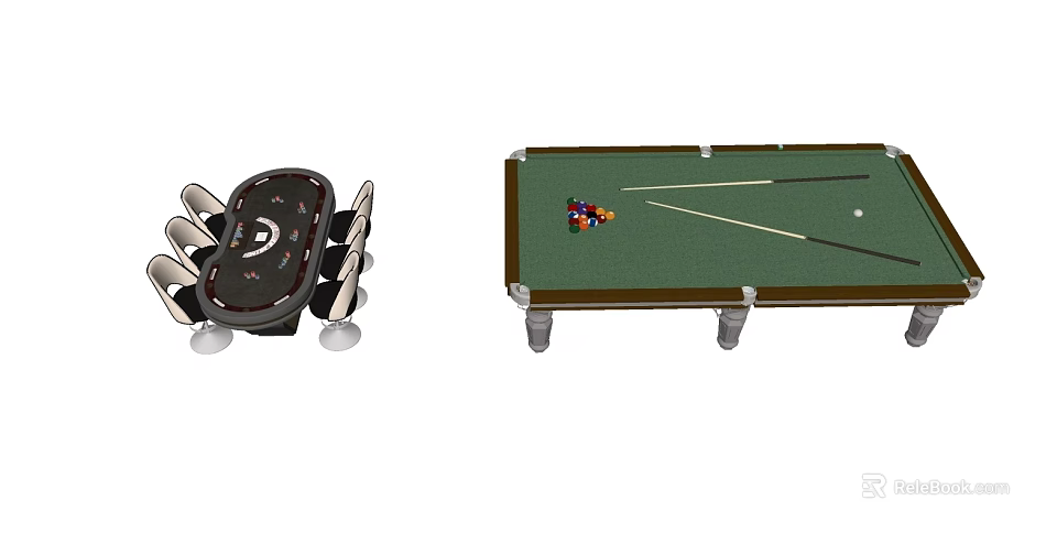 Game Room Table Set Featuring Poker Table and Billiard Table with Cues Balls 3d model 