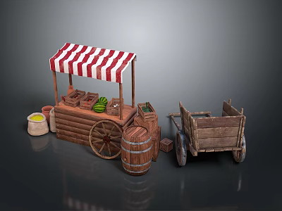 Vintage Wooden Stall With Red White Striped Awning Barrel Cart And Fruits 3d model