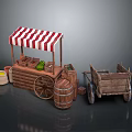 Vintage Wooden Stall With Red White Striped Awning Barrel Cart And Fruits