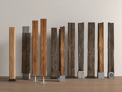 Various Textured Wooden Pillars With Metal Bases Arranged On Wooden Floor White Wall 3d model
