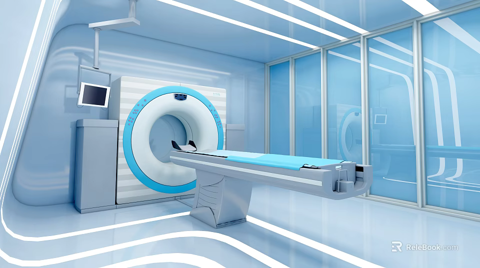 Modern Medical Room Interior With CT Scanner And Blue Equipment Setup 3d model 