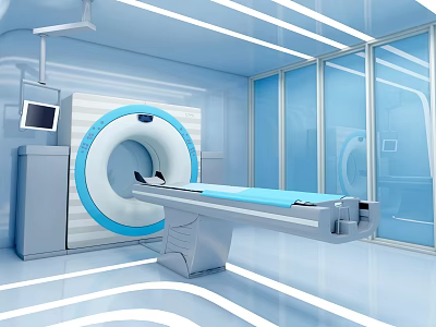 Modern Medical Room Interior With CT Scanner And Blue Equipment Setup 3d model
