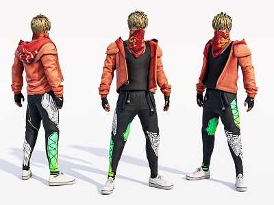 Game Movie Character With Orange Jacket Black Pants And Red Scarf Multiple Angles View 3d model