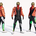 Game Movie Character With Orange Jacket Black Pants And Red Scarf Multiple Angles View