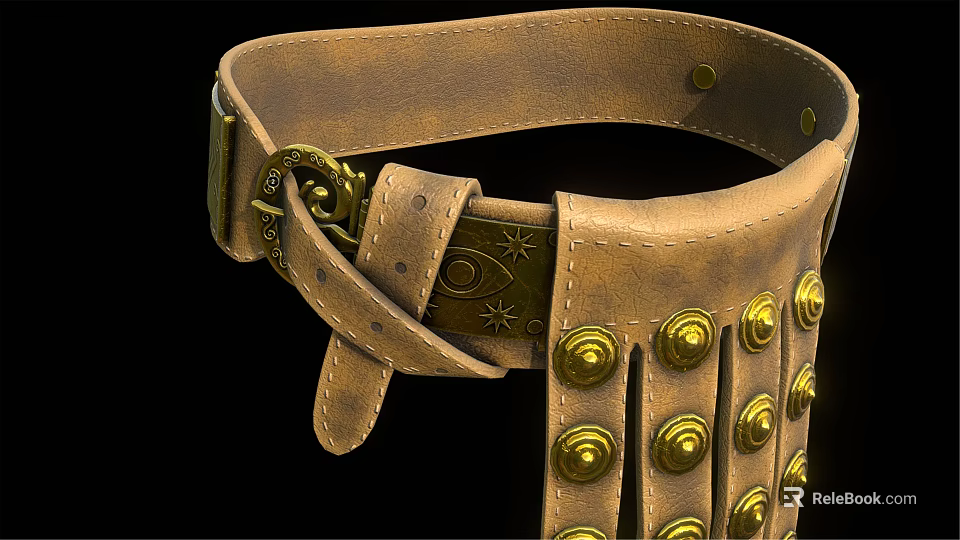 Vintage Leather Belt Design With Intricate Metal Buckle And Decorative Golden Rivets 3d model 