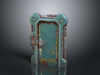 Rusted Teal Industrial Door With Metal Frame Control Panel And Yellow Warning Stripes 3d model