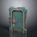 Rusted Teal Industrial Door With Metal Frame Control Panel And Yellow Warning Stripes