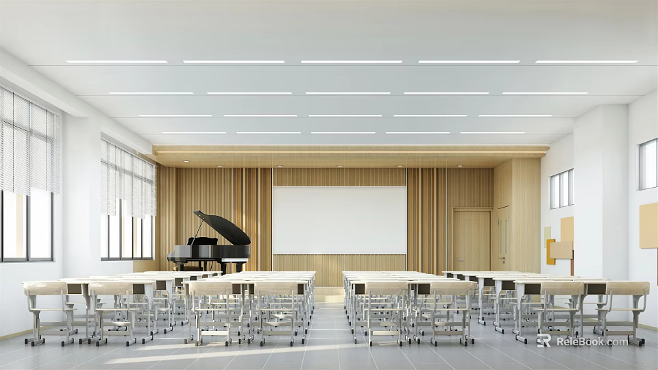 Book Art Classroom Featuring White Desks Wooden Walls Whiteboard Piano And Natural Light 3d model 