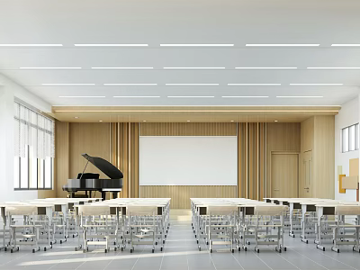 Book Art Classroom Featuring White Desks Wooden Walls Whiteboard Piano And Natural Light 3d model