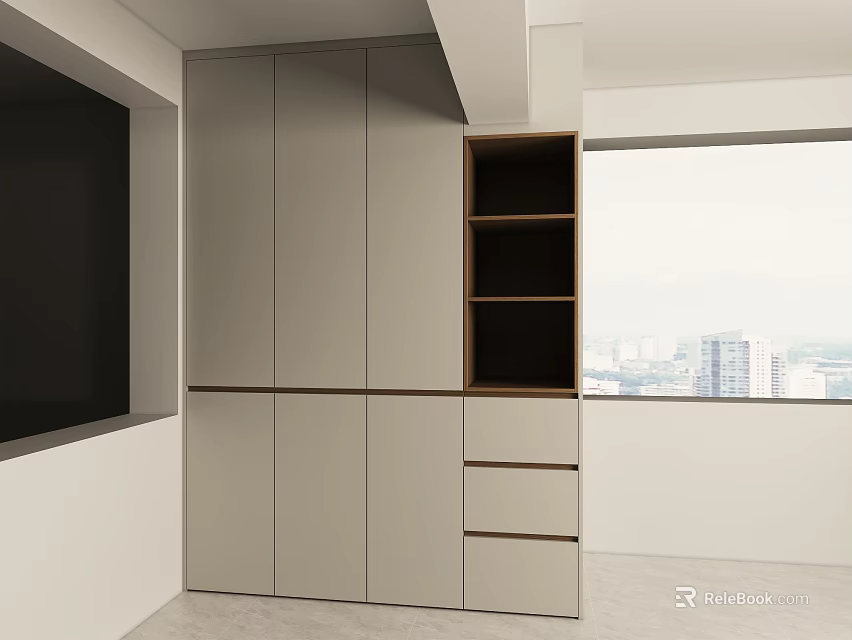 Modern Balcony Cabinet With Drawers Shelves And City View By Window 3d model 