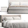 Modern Double Bed with Upholstered Headboard Soft Pillows White Linens and Wooden Nightstand