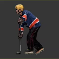 Man Wearing Blue Hockey Jersey Yellow Helmet Holding Stick In Action Pose With Inline Skates