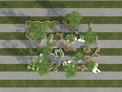 Irregular Shaped Tree Pit Layout with Green Trees Striped Grass and Gray Pavement 3d model