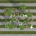 Irregular Shaped Tree Pit Layout with Green Trees Striped Grass and Gray Pavement 3d model
