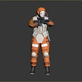 Orange Protective Suit Character With Creature Holding Handheld Equipment In Scene