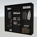 Modern Black Wardrobe Interior With Hanging Folded Clothes Storage Boxes And Shoes 3d model