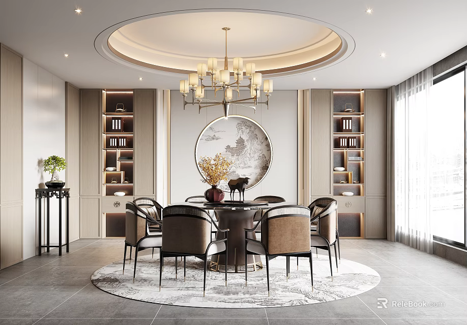 Elegant Restaurant Interior With Round Dining Table Circular Chandelier Round Artwork And Bookshelves 3d model 
