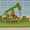 Landscape Sculpture Featuring Green Oil Pump Red Balloons Flowers Wavy Decorations at Bottom High-Rise Background