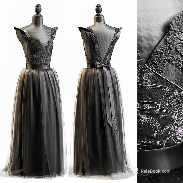 Elegant Black Lace Evening Dress With Beaded Details And Waist Belt 3d model 