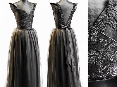Elegant Black Lace Evening Dress With Beaded Details And Waist Belt 3d model