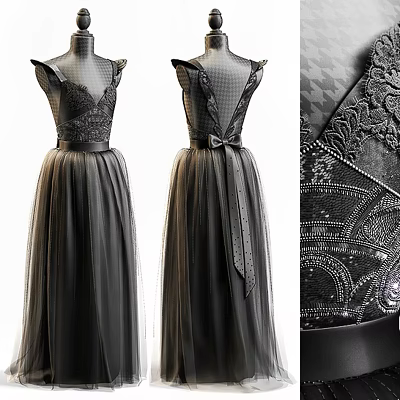 Elegant Black Lace Evening Dress With Beaded Details And Waist Belt 3d model