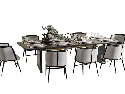 Modern Dining Table Set With Gray Upholstered Chairs And Decorative Plants 3d model