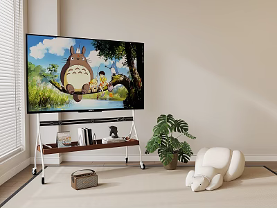 TV Displaying Totoro And Child On TV Stand Beside Green Plant And White Plush Toy 3d model
