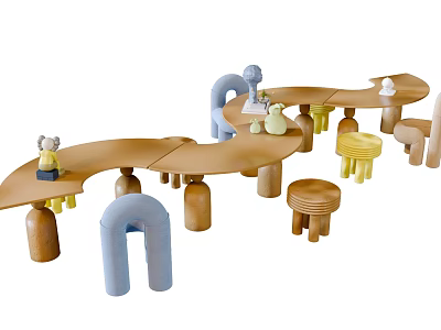 Wooden Kids Table Curved Design With Small Stools Blue Arch Decor For Playroom 3d model
