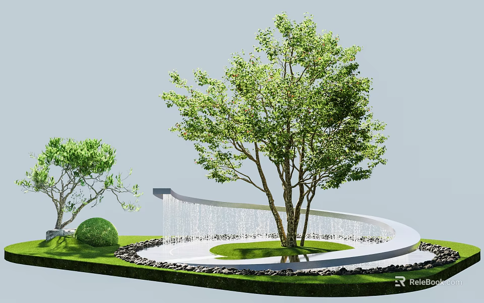 Garden Landscape Design With Large Tree Curved Water Curtain Lawn Stones And Smaller Tree 3d model 