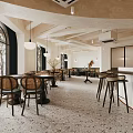 Modern Open Lounge Area Interior Design With Bar Stools Counter Dining Tables And Green Plants
