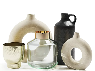 Modern Decorative Vases And Cup With Ceramic Glass Gold Accents Curved Circular Handle Textured Designs 3d model