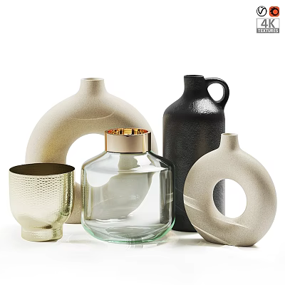 Modern Decorative Vases And Cup With Ceramic Glass Gold Accents Curved Circular Handle Textured Designs 3d model