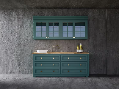 Green Kitchen Interior With Glass Door Cabinets Drawers And Gray Wall 3d model