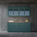Green Kitchen Interior With Glass Door Cabinets Drawers And Gray Wall