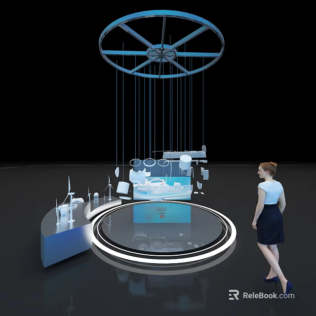 Industrial Equipment Display Platform With Wind Turbine Models And Female Observer 3d model 