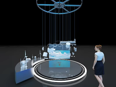 Industrial Equipment Display Platform With Wind Turbine Models And Female Observer 3d model