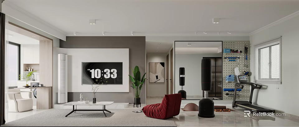 Modern Living Dining Room Interior With Red Armchair TV And Green Plant 3d model 