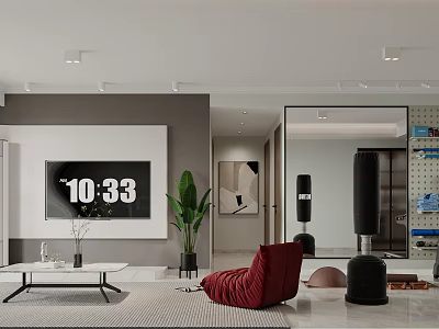 Modern Living Dining Room Interior With Red Armchair TV And Green Plant 3d model