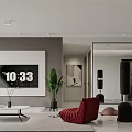 Modern Living Dining Room Interior With Red Armchair TV And Green Plant