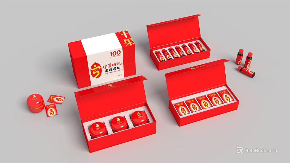 Elegant Decorative Ornament Set With Red Gift Boxes Open Cases And Small Ornaments Inside 3d model