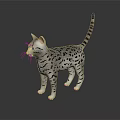 Gray White Spotted Cat With Black Stripes Striped Tail And Green Eyes On Black Surface