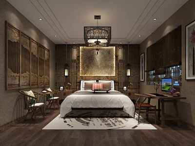 Chinese Style Hotel Guest Room With Wooden Decor Traditional Pendant Light And Comfortable Bed 3d model