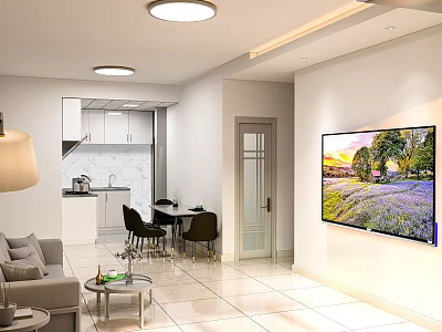 Modern Living and Dining Room Interior With Sofa Coffee Table TV Dining Chairs Open Kitchen 3d model