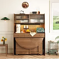 Stylish Wooden Sideboard With Glass Doors Coffee Machine Fruits Hanging Hooks And Cozy Kitchen Decor